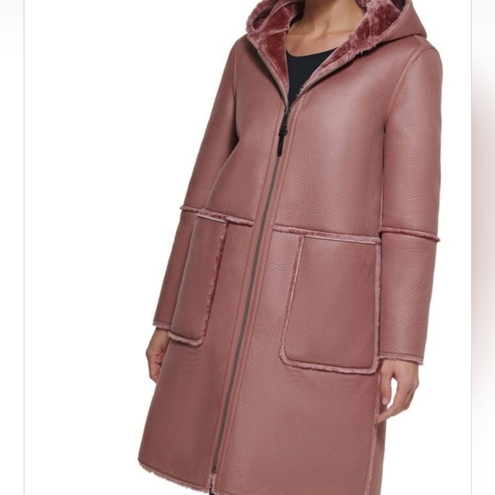 DKNY Faux Shearling Hooded Coat Dusty Rose Pink Sz Small
